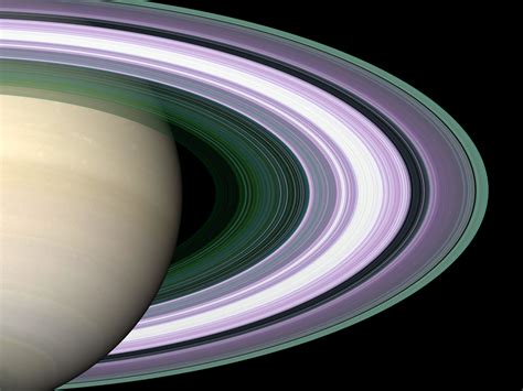 Rings of saturn - The brightest part of the rings, curving from the upper right to the lower left in the image, is the B ring. Many bands throughout the B ring have a pronounced sandy color. Other color variations across the rings can be seen. Color variations in Saturn's rings have previously been seen in Voyager and Hubble Space Telescope images.